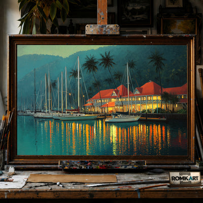 Tropical Marina at Dusk hand-painted oil painting on canvas