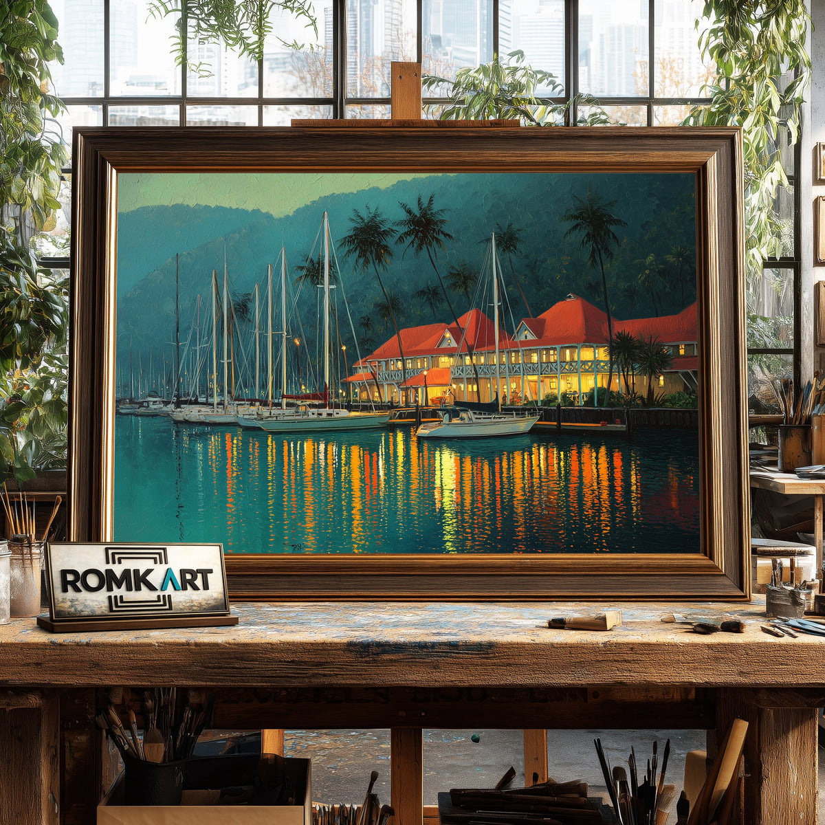 Tropical Marina at Dusk Harbor Seascape Oil Painting - image 2