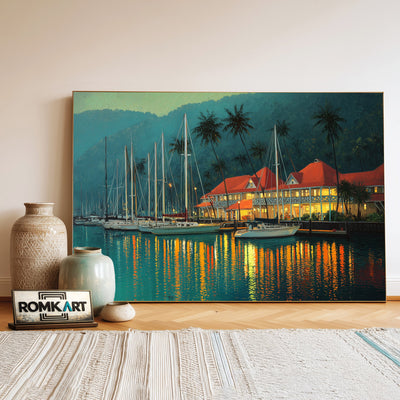 Tropical Marina at Dusk Harbor Seascape Oil Painting - image 3