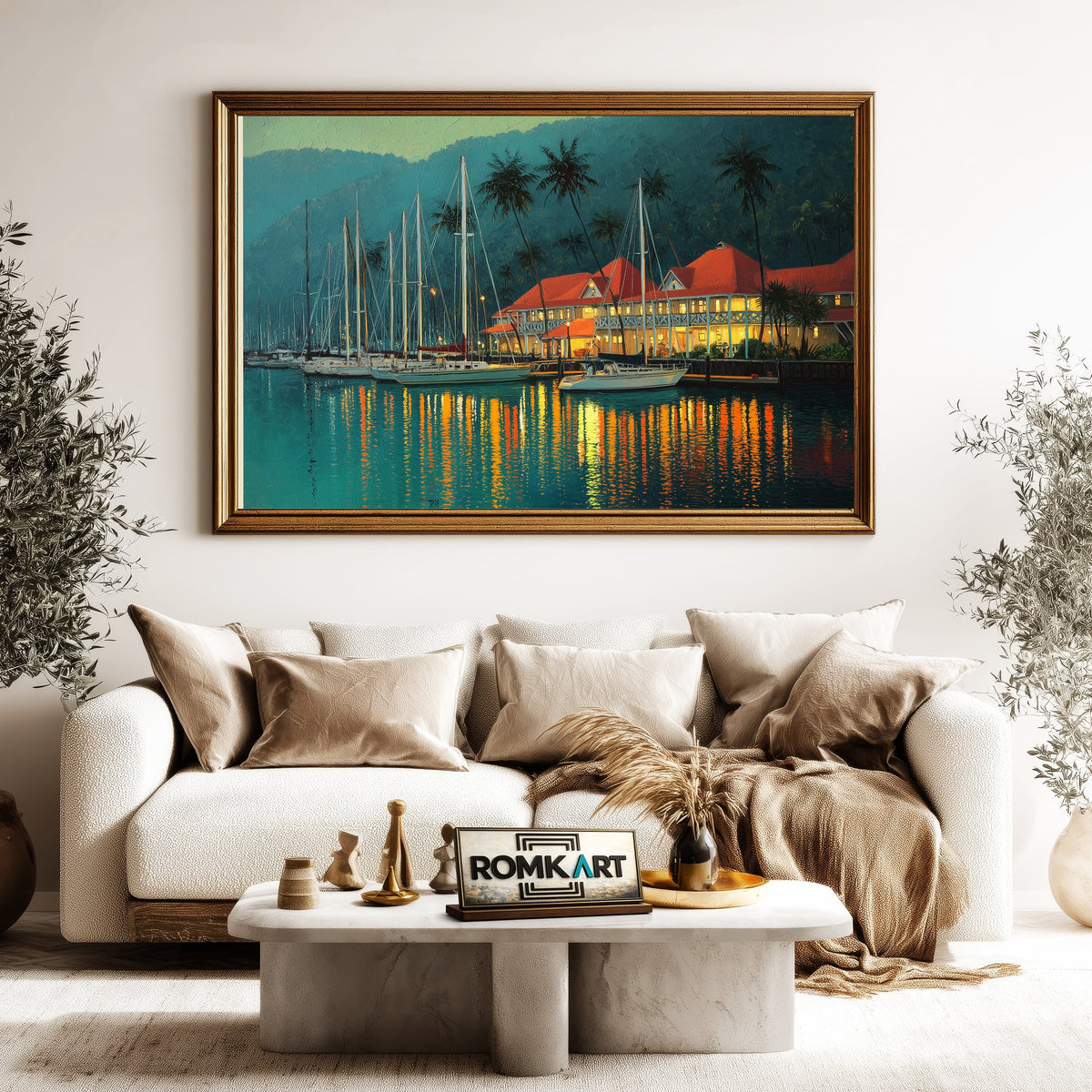 Tropical Marina at Dusk Harbor Seascape Oil Painting - image 5
