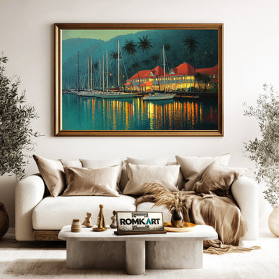 Tropical Marina at Dusk Harbor Seascape Oil Painting - image 5