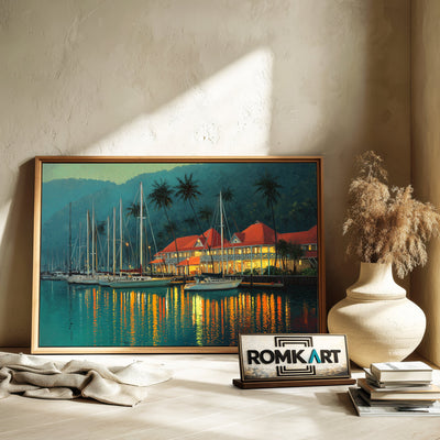 Tropical Marina at Dusk Harbor Seascape Oil Painting - image 6