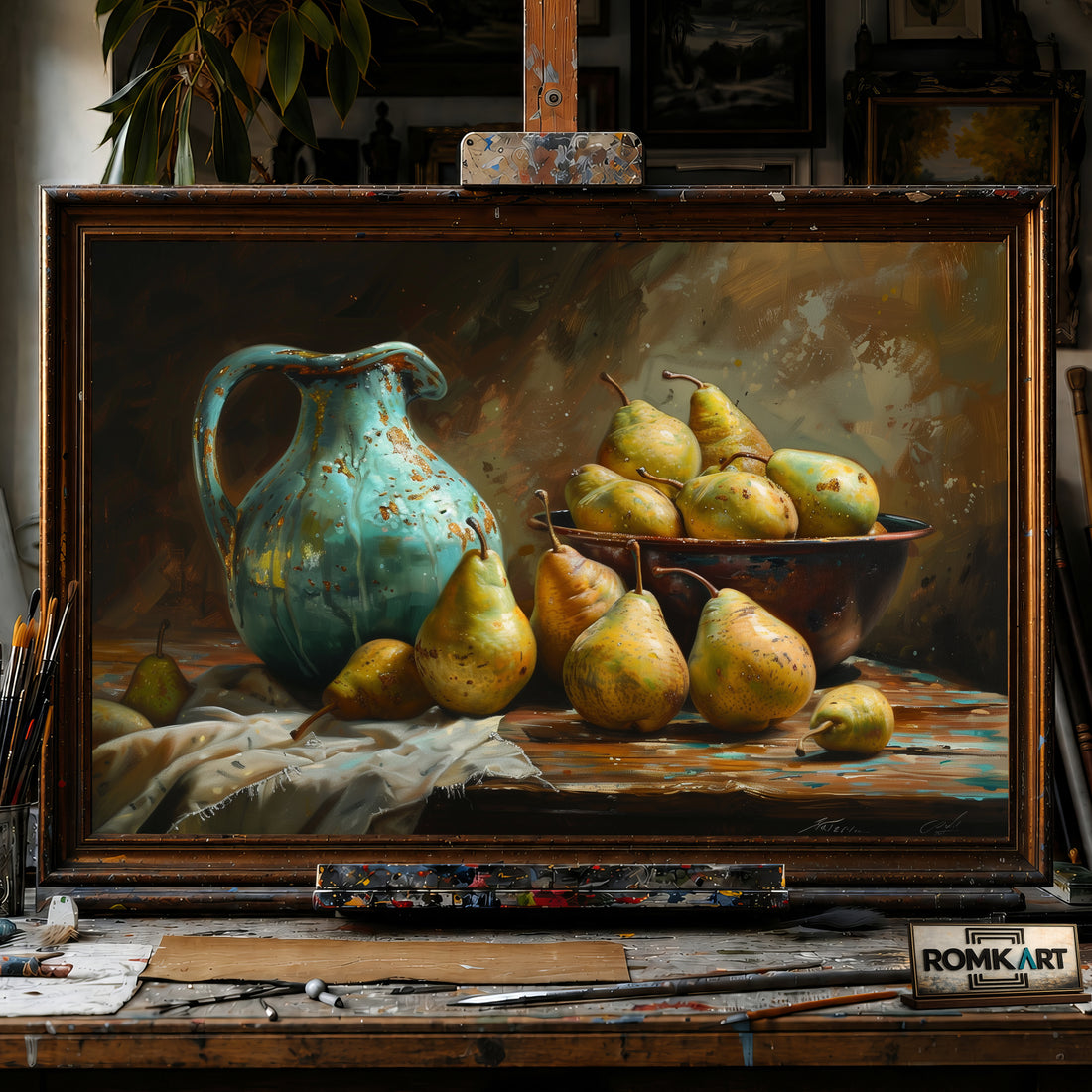 Turquoise Ceramic Zug and Pears Still Life Oil Painting