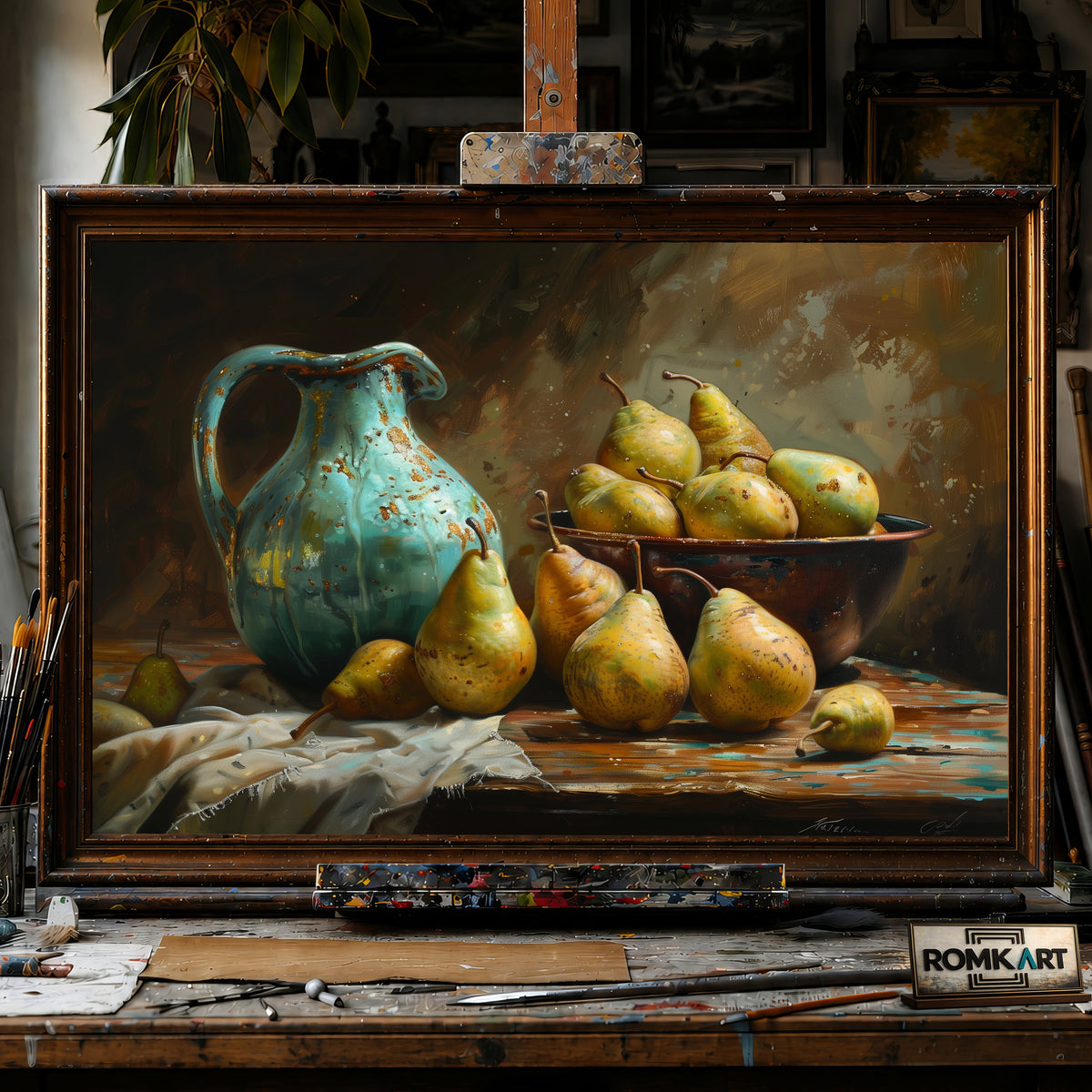 Turquoise Ceramic Zug and Pears Still Life Oil Painting