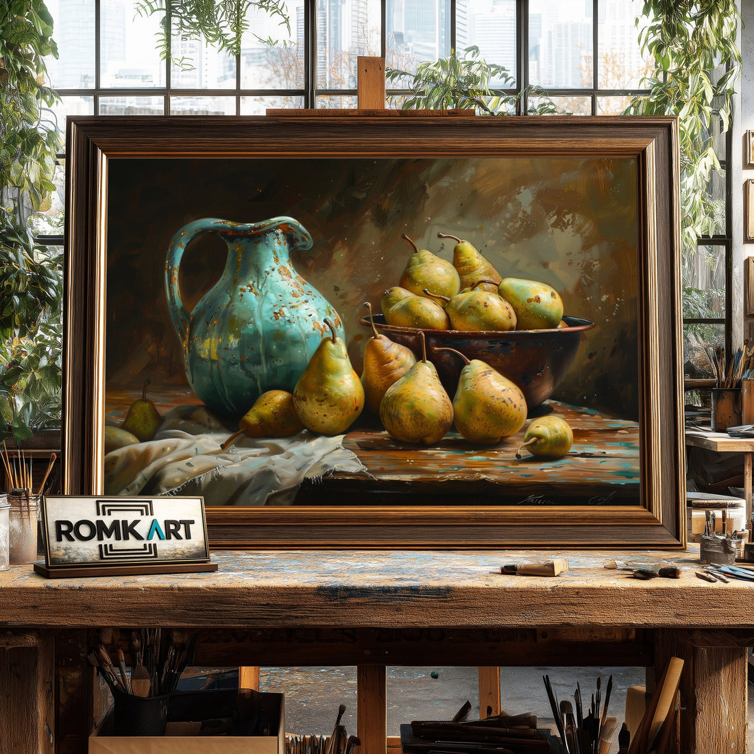 Turquoise Ceramic Zug and Pears Still Life Oil Painting
