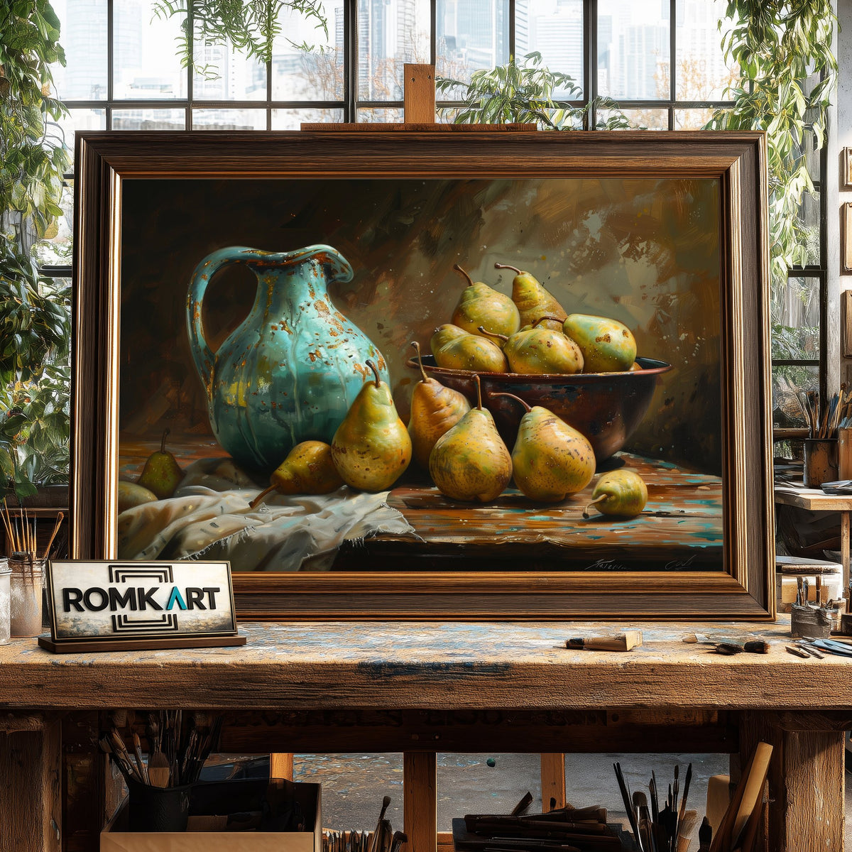 Turquoise Ceramic Zug and Pears Still Life Oil Painting - image 2