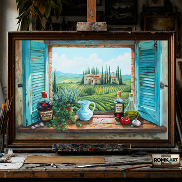 Tuscan Landscape Through Window hand-painted oil painting on canvas