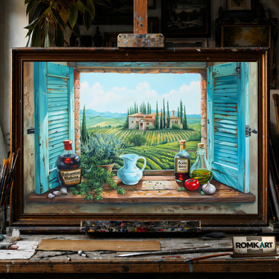 Tuscan Landscape Through Window hand-painted oil painting on canvas
