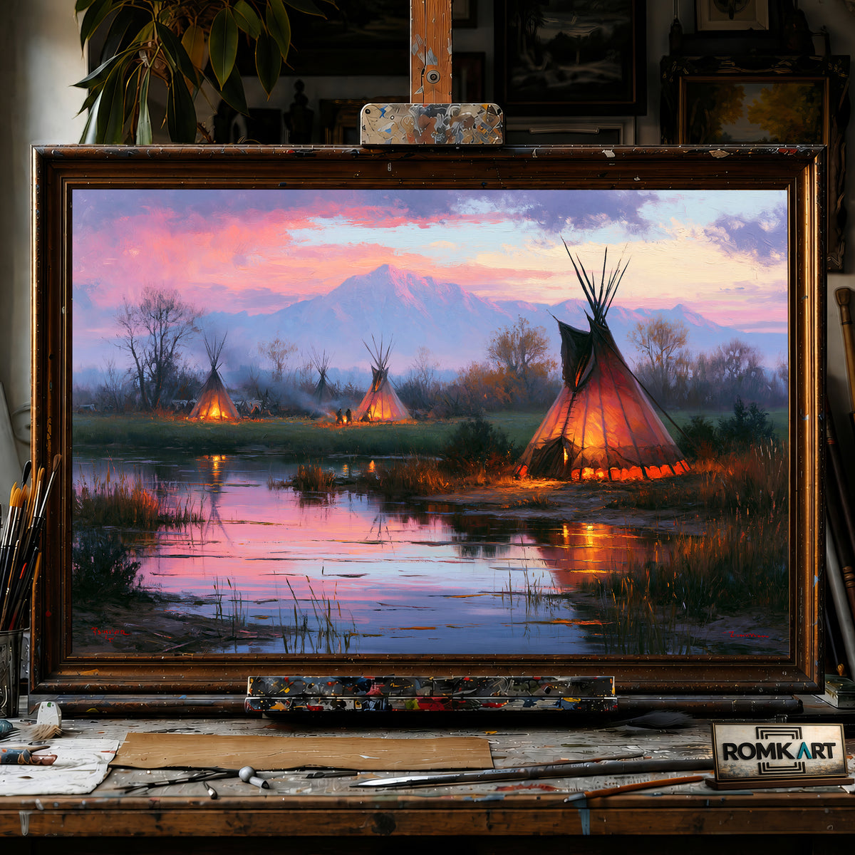 Twilight Native American Encampment hand-painted oil painting on canvas