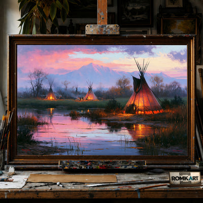 Twilight Native American Encampment hand-painted oil painting on canvas