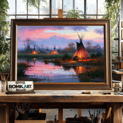 Twilight Native American Encampment Oil Painting - image 2