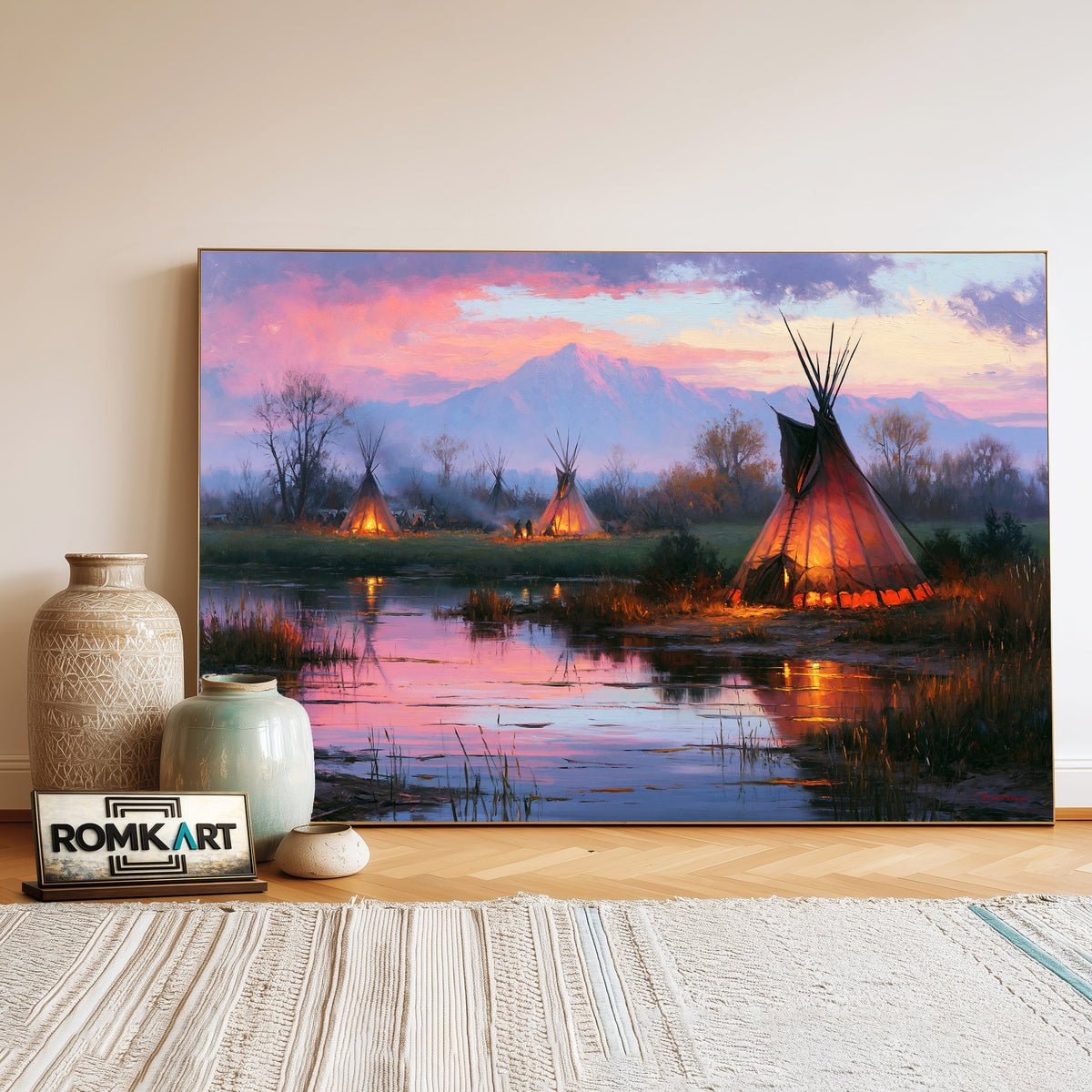 Twilight Native American Encampment Oil Painting - image 3