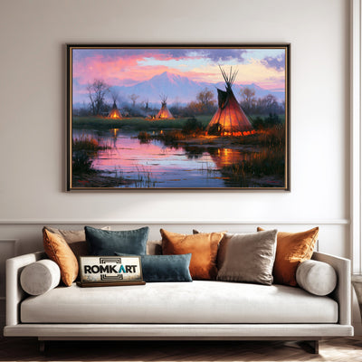 Twilight Native American Encampment Oil Painting - image 4