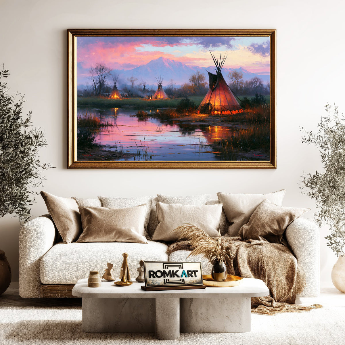 Twilight Native American Encampment Oil Painting - image 5