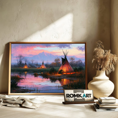 Twilight Native American Encampment Oil Painting - image 6