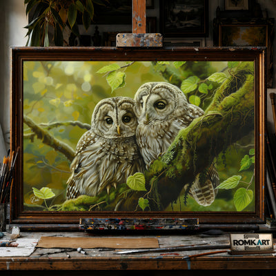 Two Baby Owl hand-painted oil painting on canvas