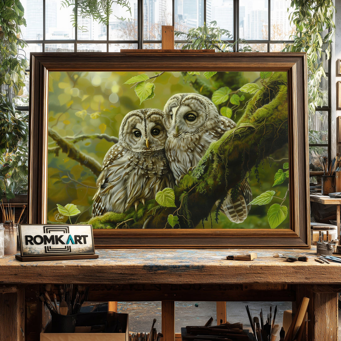 Two Baby Owl hand-painted oil painting on canvas