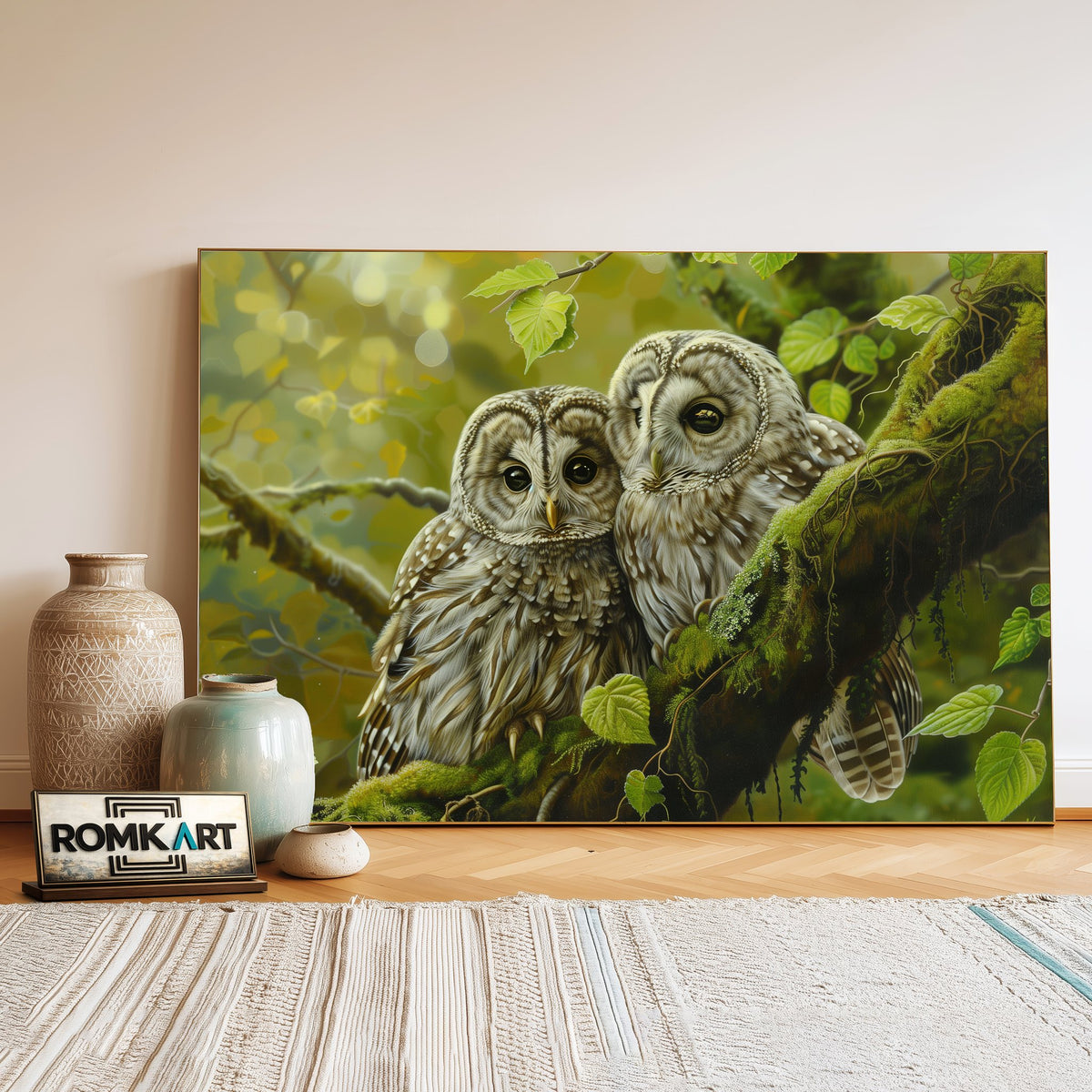 Two Baby Owl Bird Oil Painting - image 3