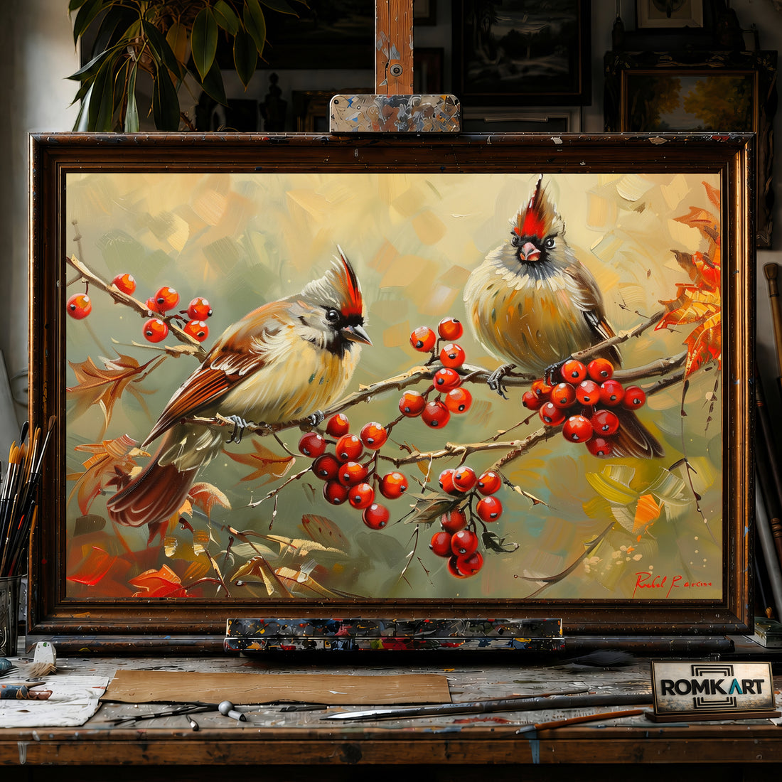 Two Birds perched on Red Berries hand-painted oil painting on canvas