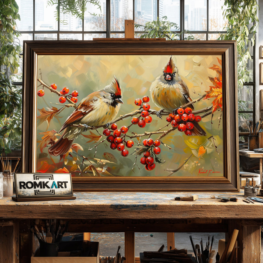 Two Birds perched on Red Berries hand-painted oil painting on canvas