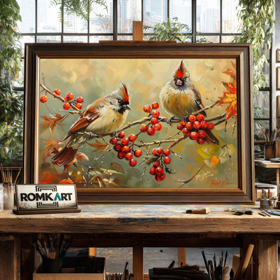 Two Birds perched on Red Berries Oil Painting - image 2