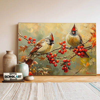 Two Birds perched on Red Berries Oil Painting - image 3