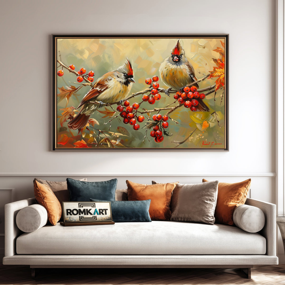 Two Birds perched on Red Berries Oil Painting - image 4