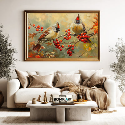 Two Birds perched on Red Berries Oil Painting - image 5
