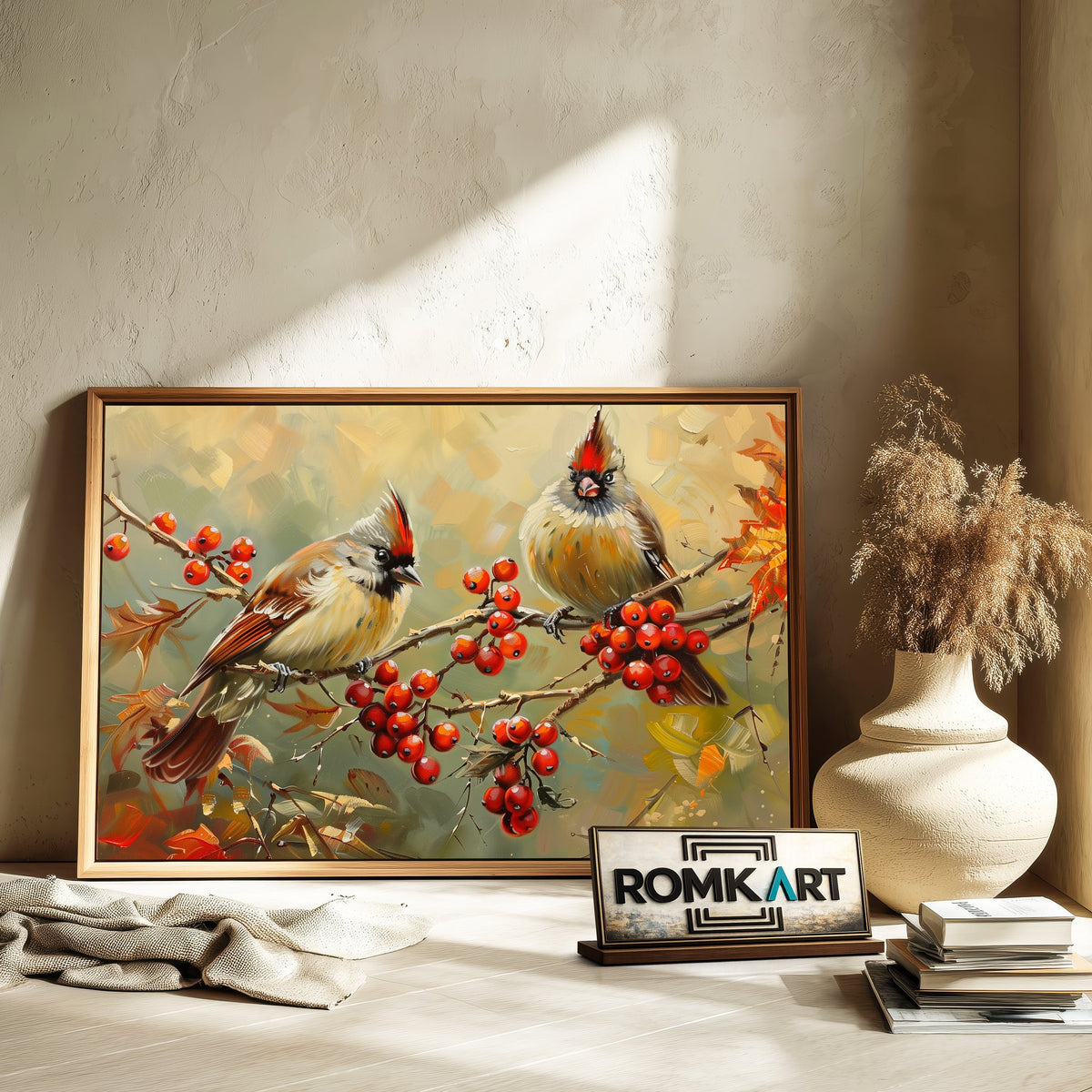 Two Birds perched on Red Berries Oil Painting - image 6