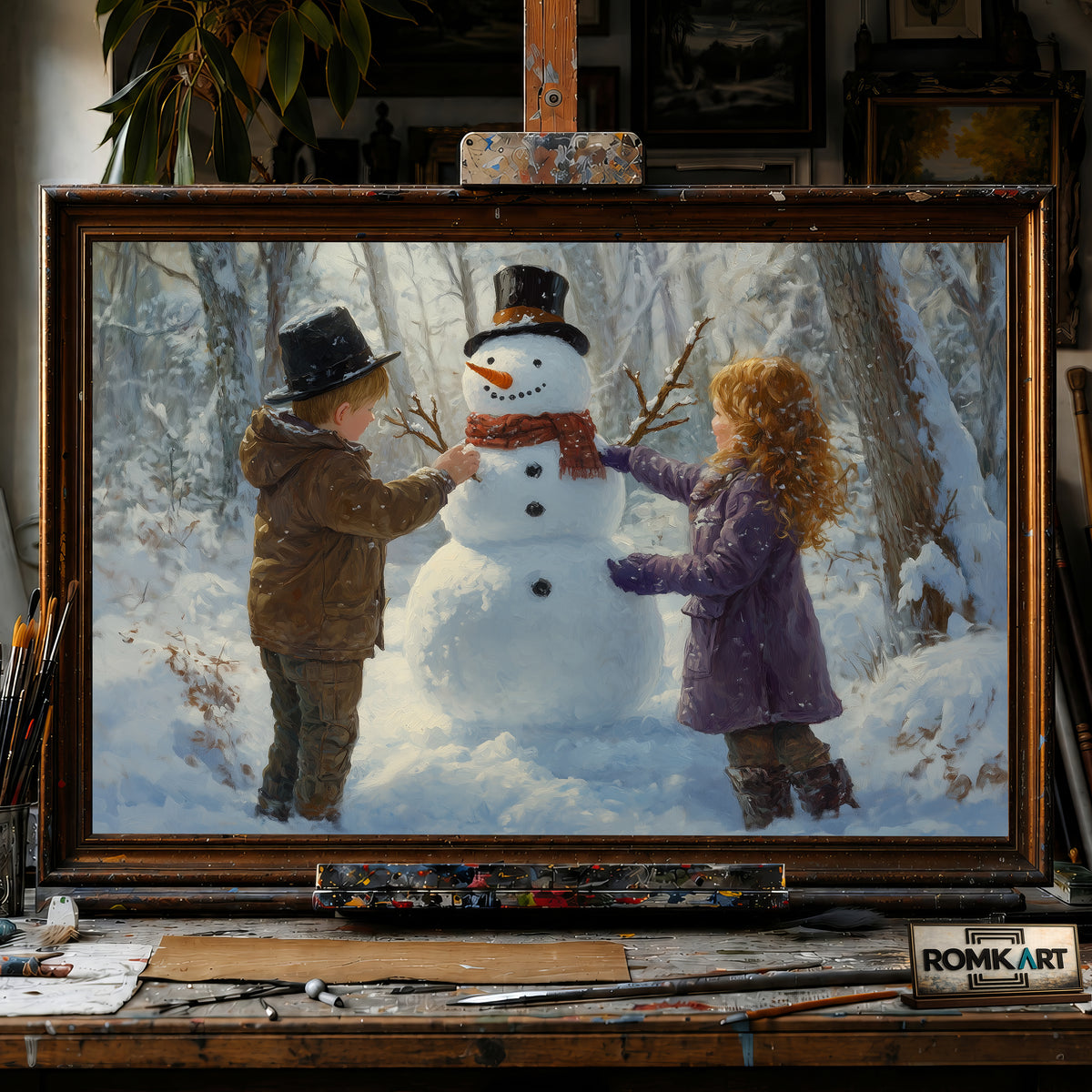 Two Children Building a Snowman hand-painted oil painting on canvas