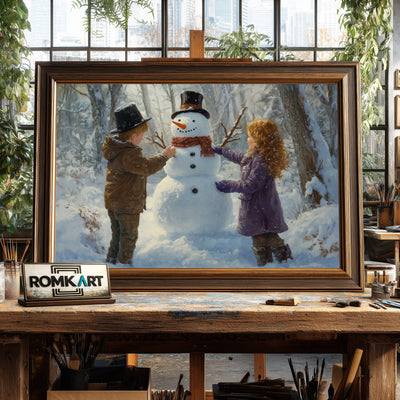 Two Children Building a Snowman Figurative Oil Painting - image 2