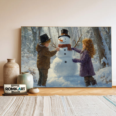 Two Children Building a Snowman Figurative Oil Painting - image 3