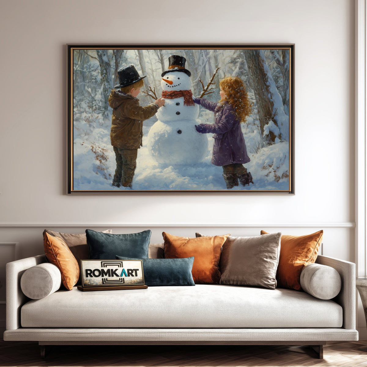 Two Children Building a Snowman Figurative Oil Painting - image 4