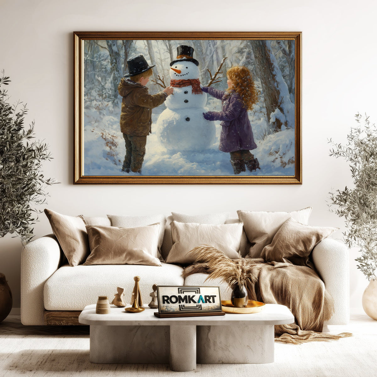 Two Children Building a Snowman Figurative Oil Painting - image 5