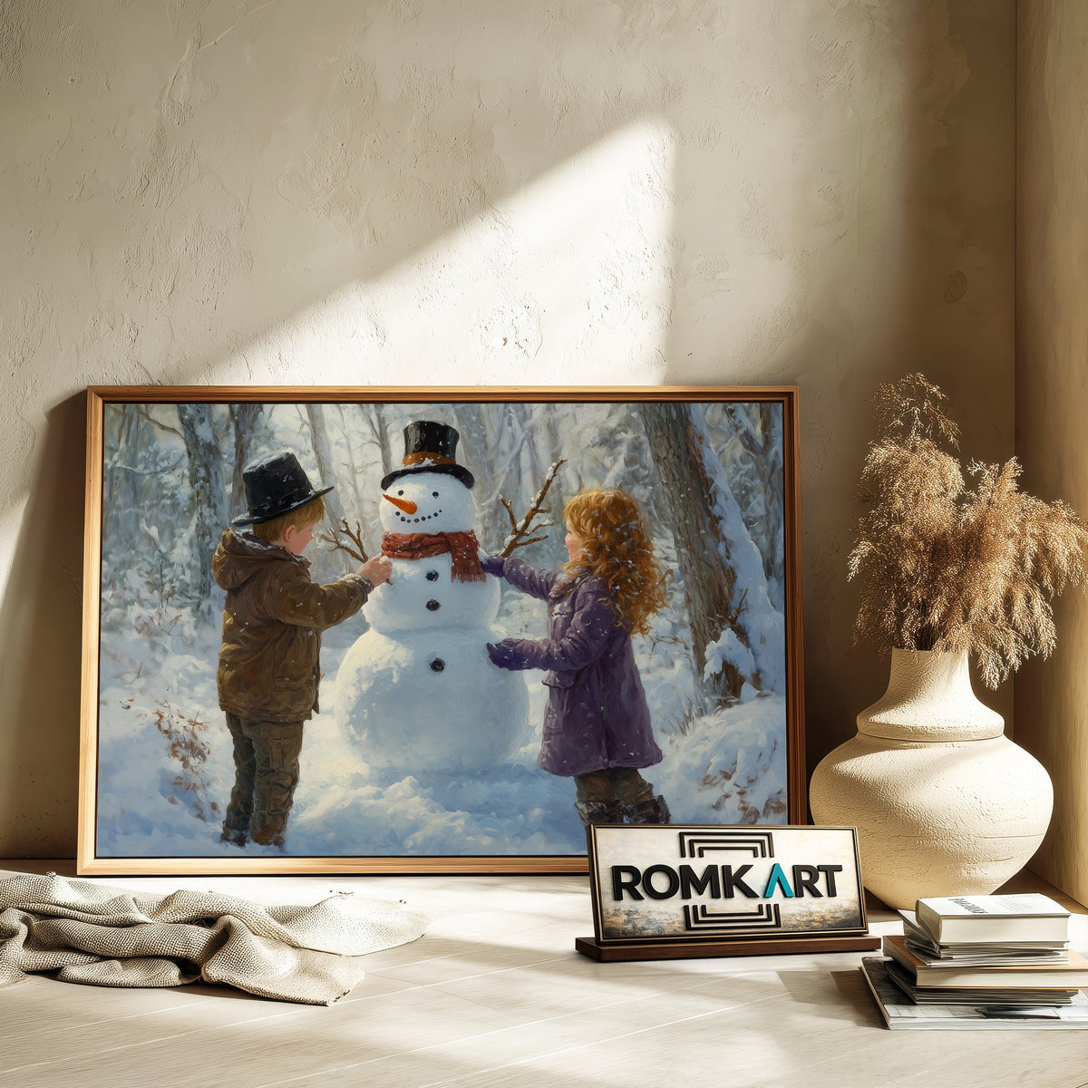 Two Children Building a Snowman Figurative Oil Painting - image 6