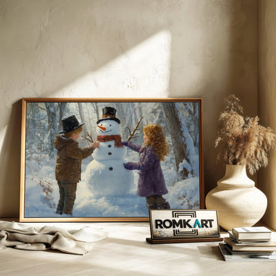 Two Children Building a Snowman Figurative Oil Painting - image 6