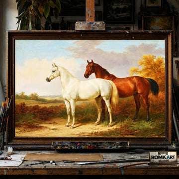 Two Horses in an English Countryside Landscape - Hand-Painted Oil Painting - View 1
