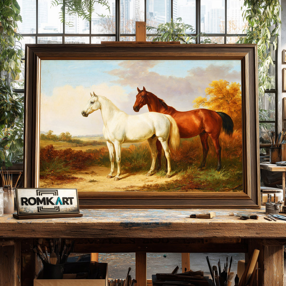 Two Horses in an English Countryside Landscape - Hand-Painted Oil Painting - View 1