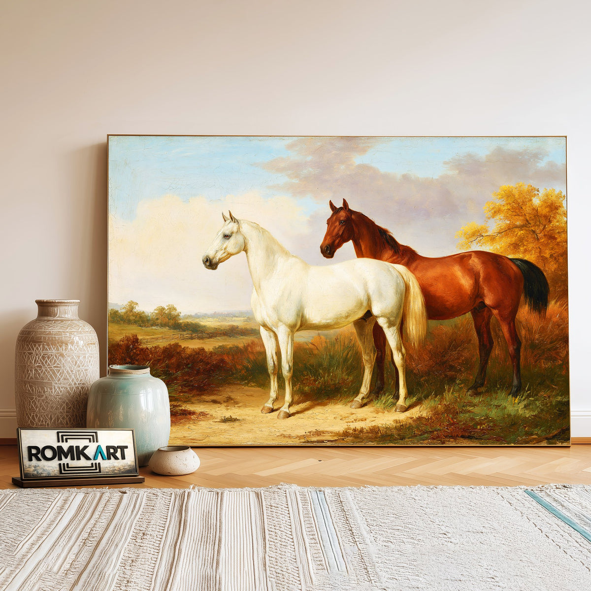 Two Horses In An English Countryside Landscape Oil Painting - image 3