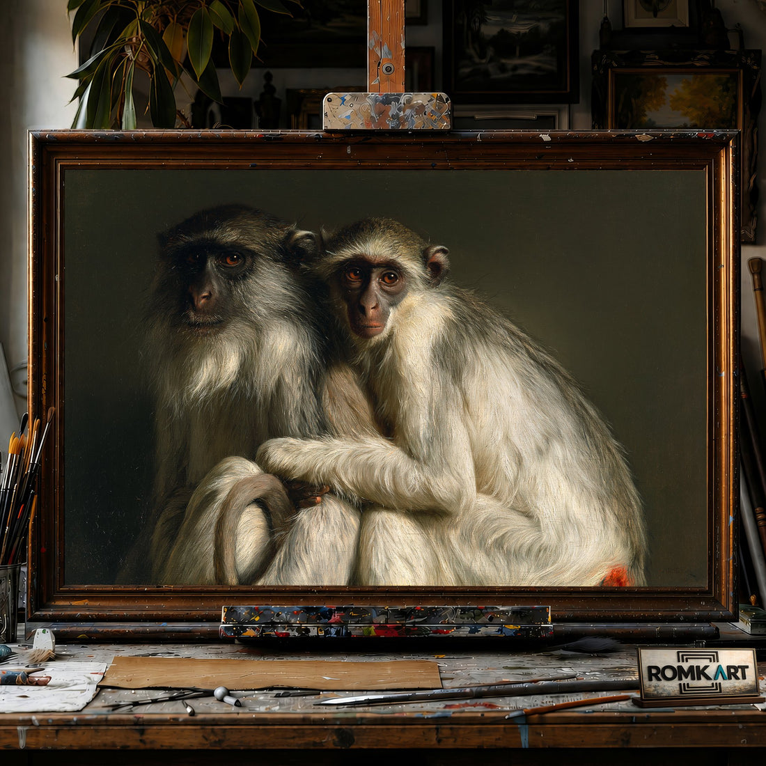 Two Monkeys - Hand-Painted Oil Painting - View 1
