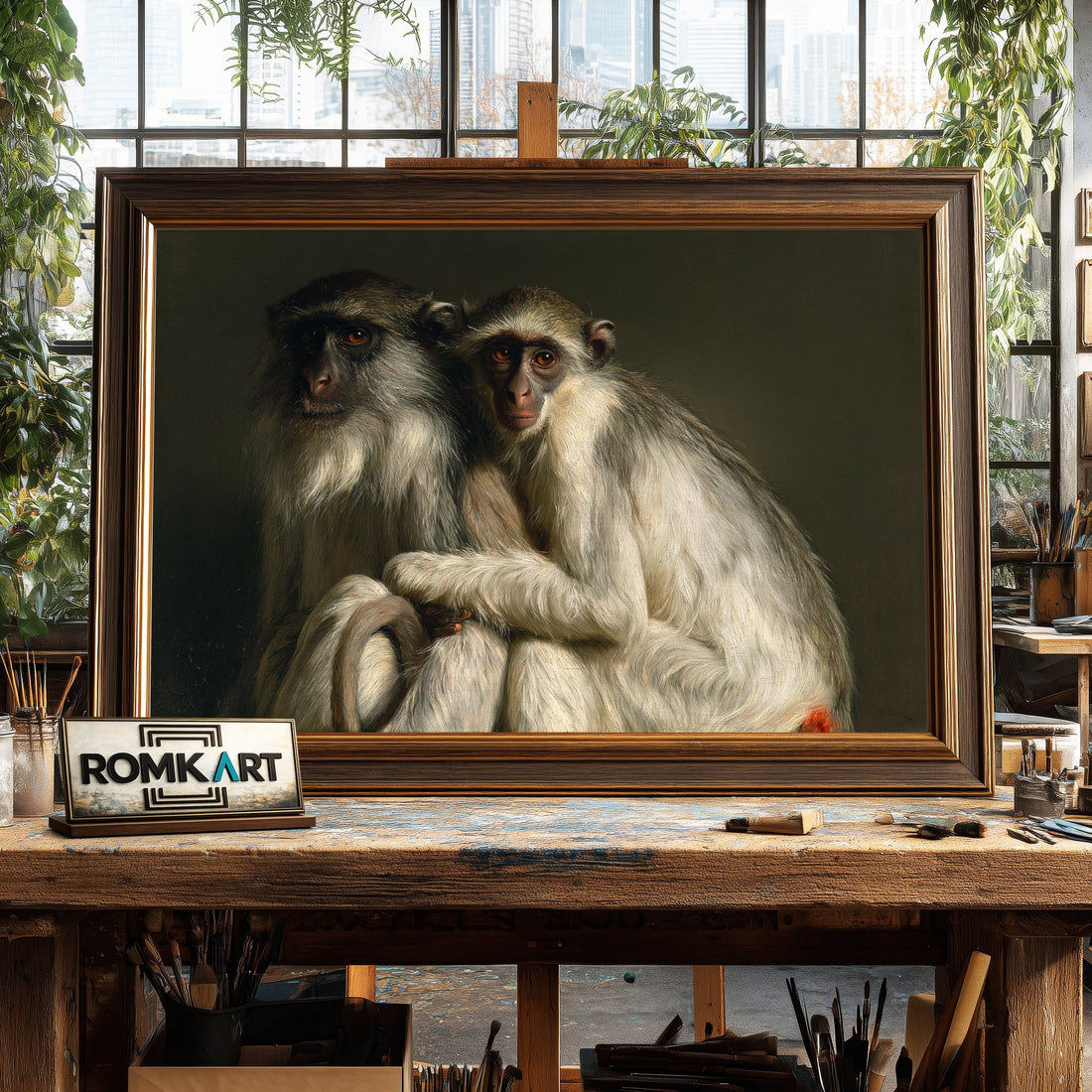 Two Monkeys - Hand-Painted Oil Painting - View 1
