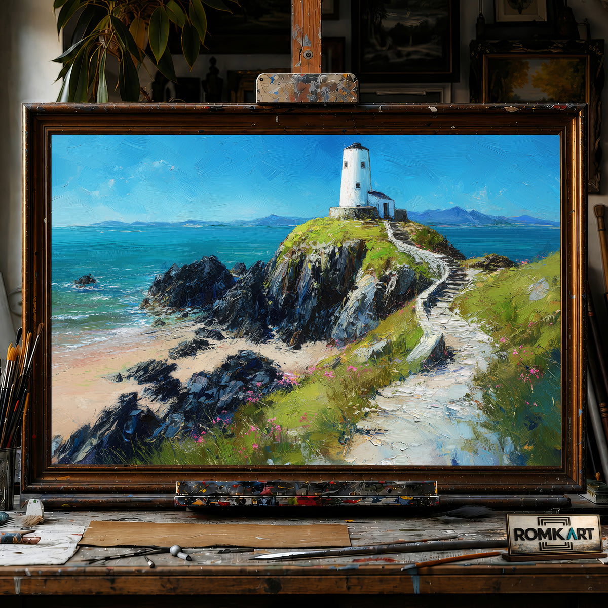 Twr Mawr Lighthouse hand-painted oil painting on canvas