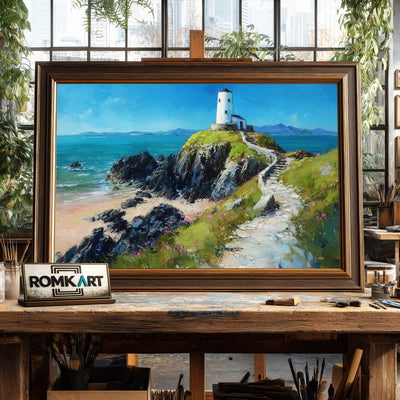 Twr Mawr Lighthouse Harbor Seascape Oil Painting - image 2