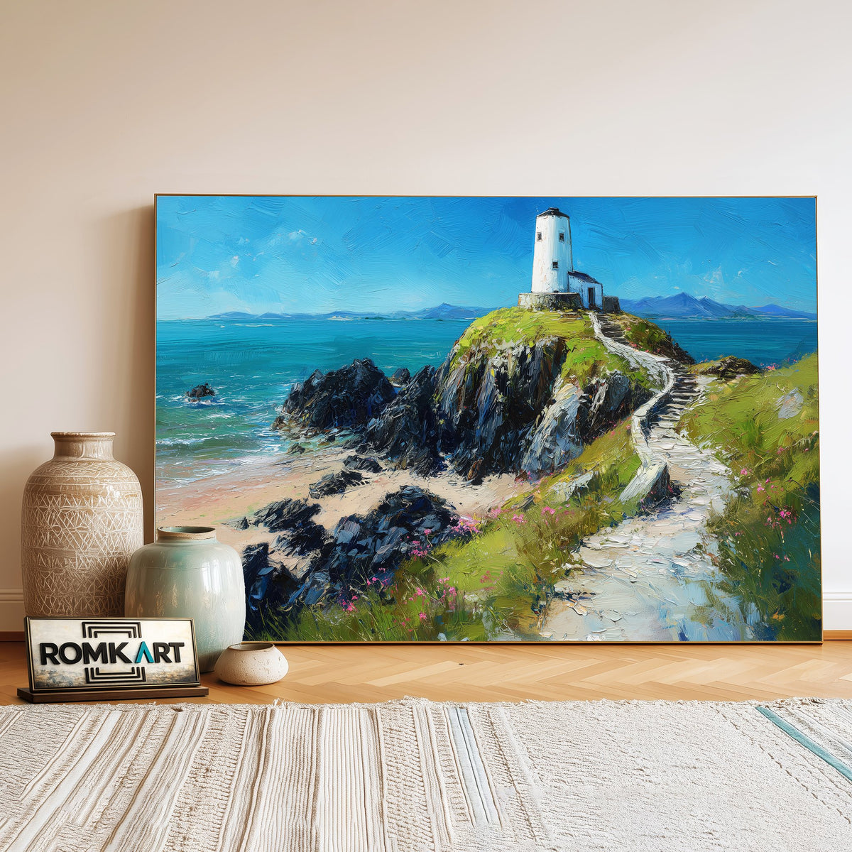 Twr Mawr Lighthouse Harbor Seascape Oil Painting - image 3
