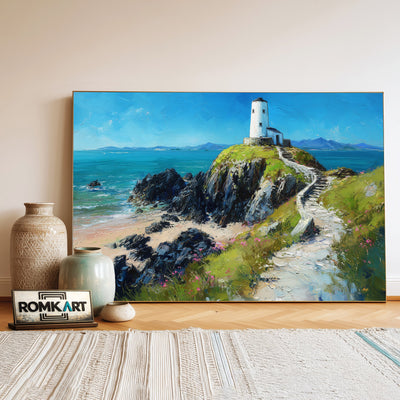 Twr Mawr Lighthouse Harbor Seascape Oil Painting - image 3