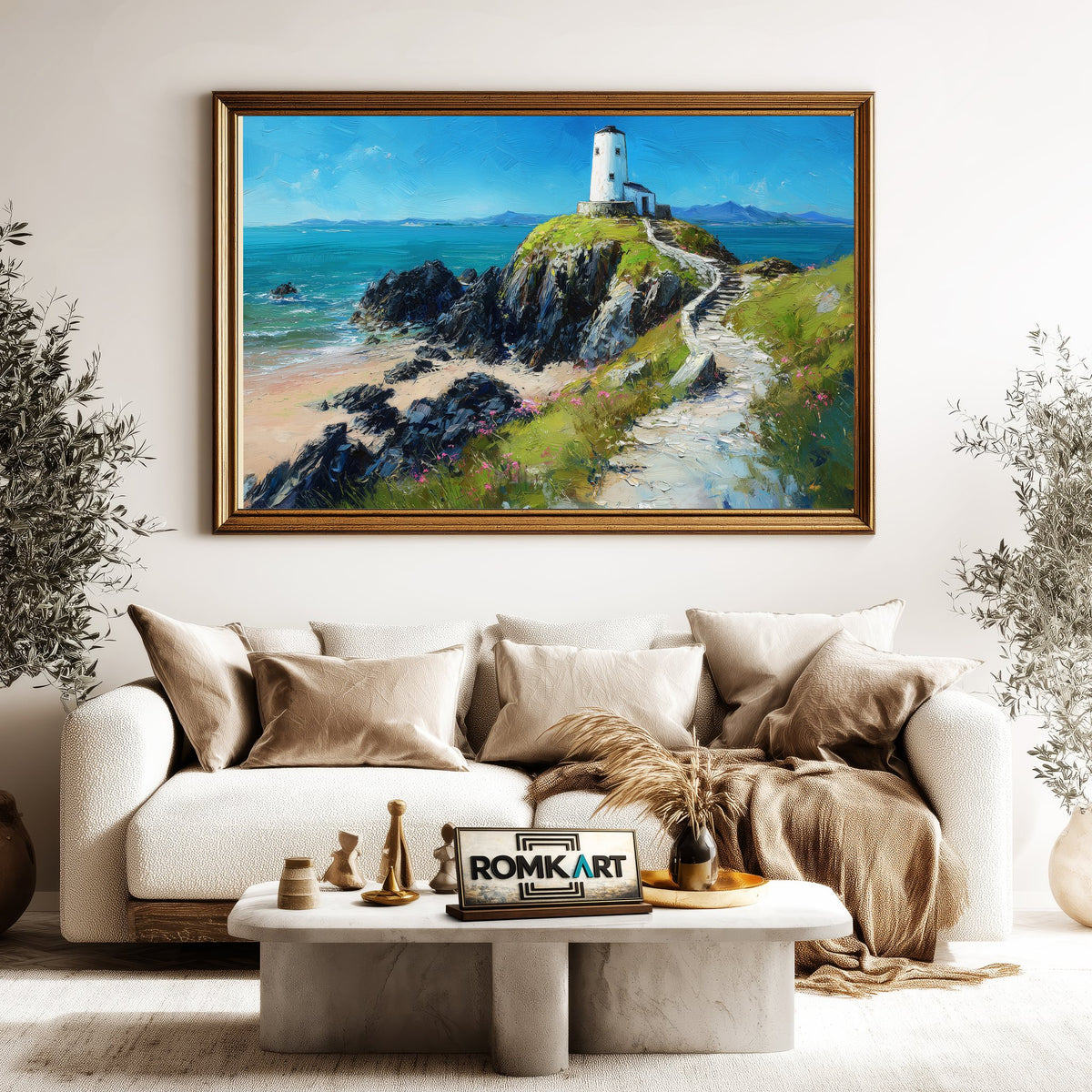 Twr Mawr Lighthouse Harbor Seascape Oil Painting - image 5