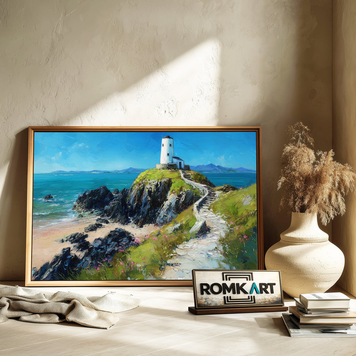 Twr Mawr Lighthouse Harbor Seascape Oil Painting - image 6