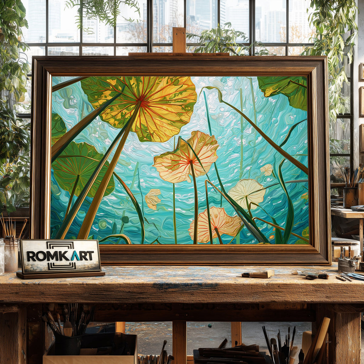 Underwater Lotus Leaves Floral Oil Painting - image 2