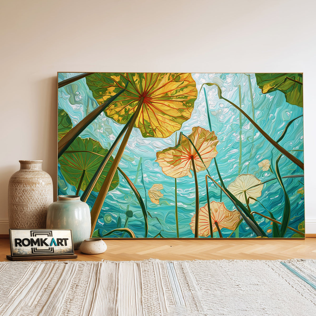 Underwater Lotus Leaves Floral Oil Painting - image 3