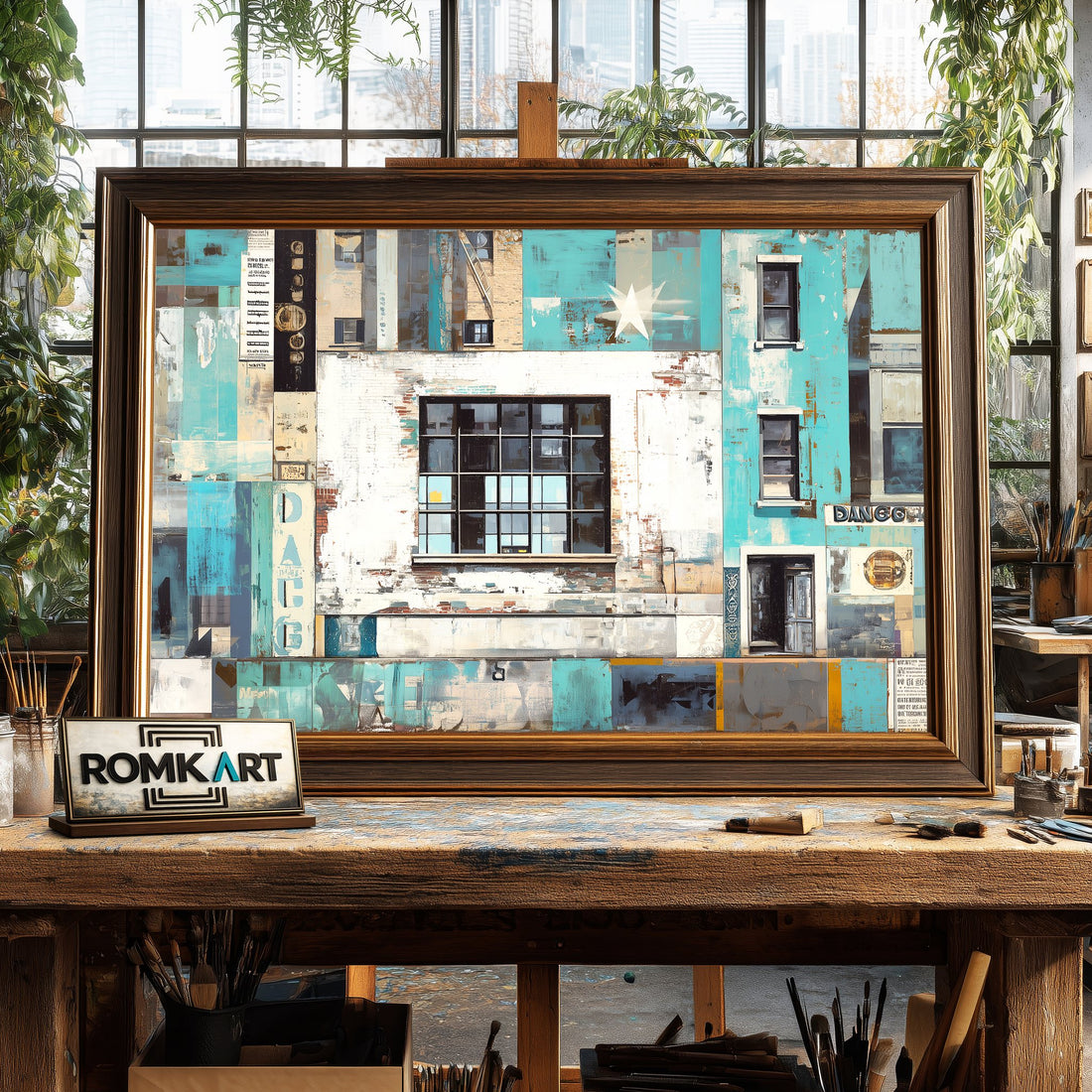 Urban Collage - Hand-Painted Oil Painting - View 1